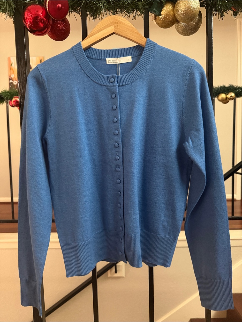 OAK + FORT Blue Button-Front Crew Cardigan